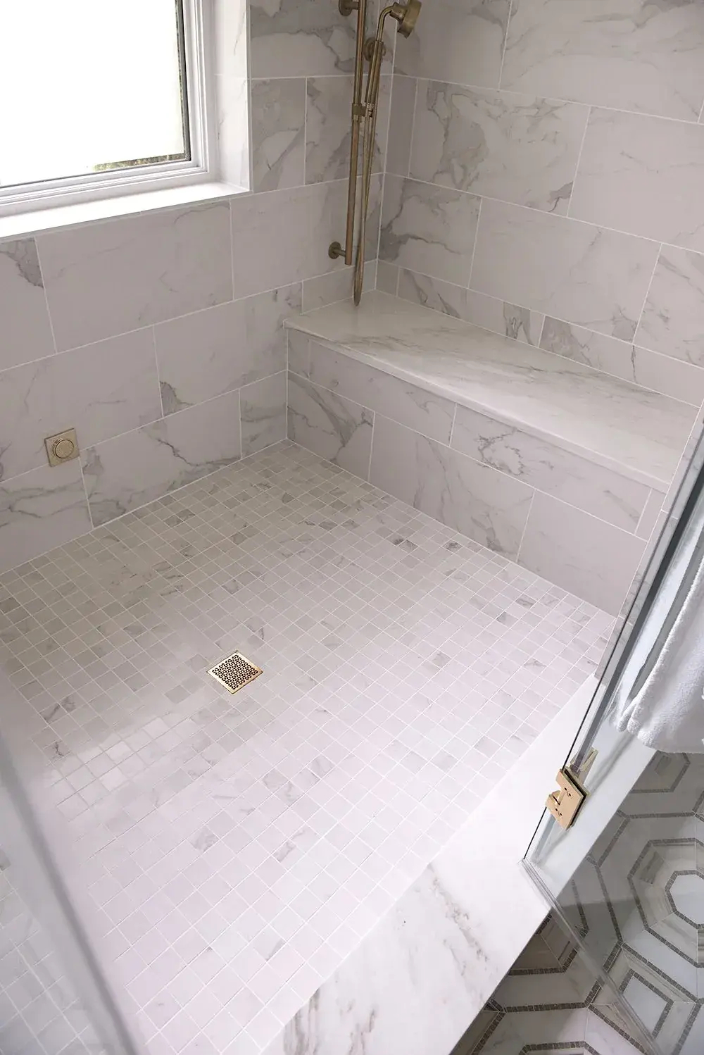 Custom tile shower with built-in bench, Austin